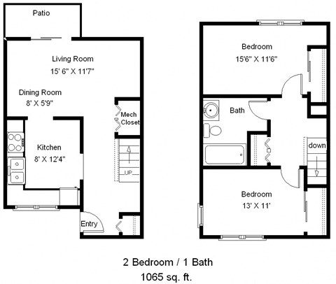 Floor plan for 2 beds, 1 bath, 1065 sqft